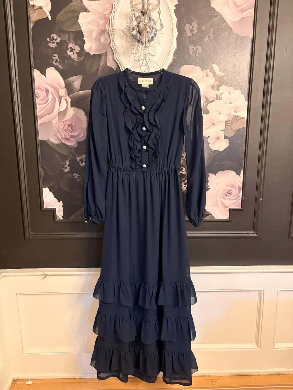 Sachin & Babi Navy Long Sleeve Maxi Dress with Sequin Belt Size 0